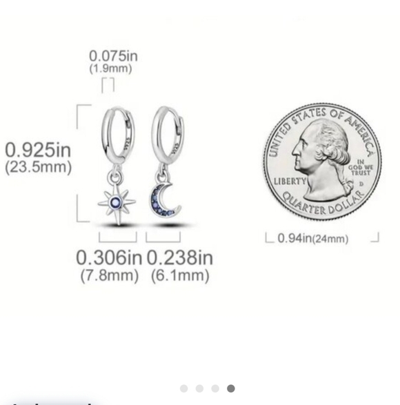 Moon & Star Earrings Sterling Silver Blue Rhinestone Small Hoop earring Trending - Picture 7 of 9